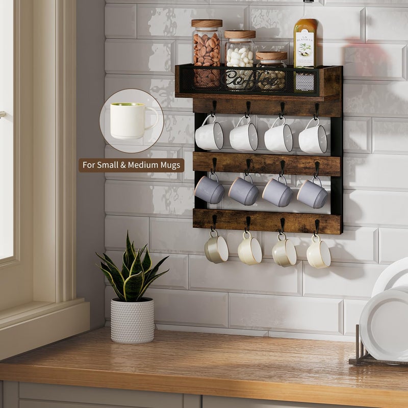 YINMIT Coffee Mug Holder with 12 Hooks, Coffee Cup Holder Wall Mounted with Top Shelf, Mug Organizer for Home Kitchen, Brown - Image 2